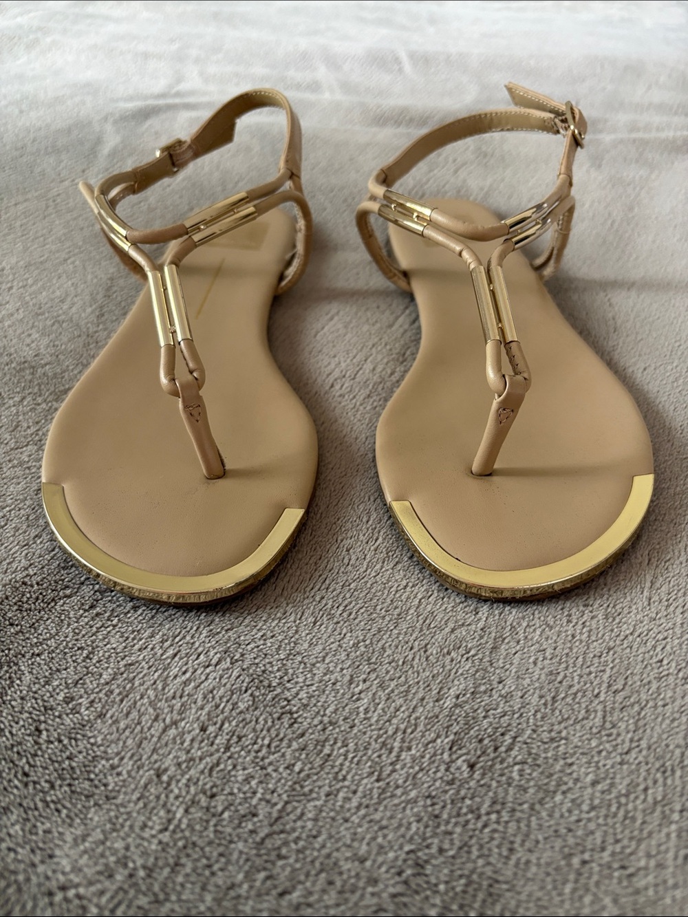 Dolce Vita Nude Neutral T-Strap Flat Sandals with Gold Metallic Accents size 9 - Picture 2 of 9